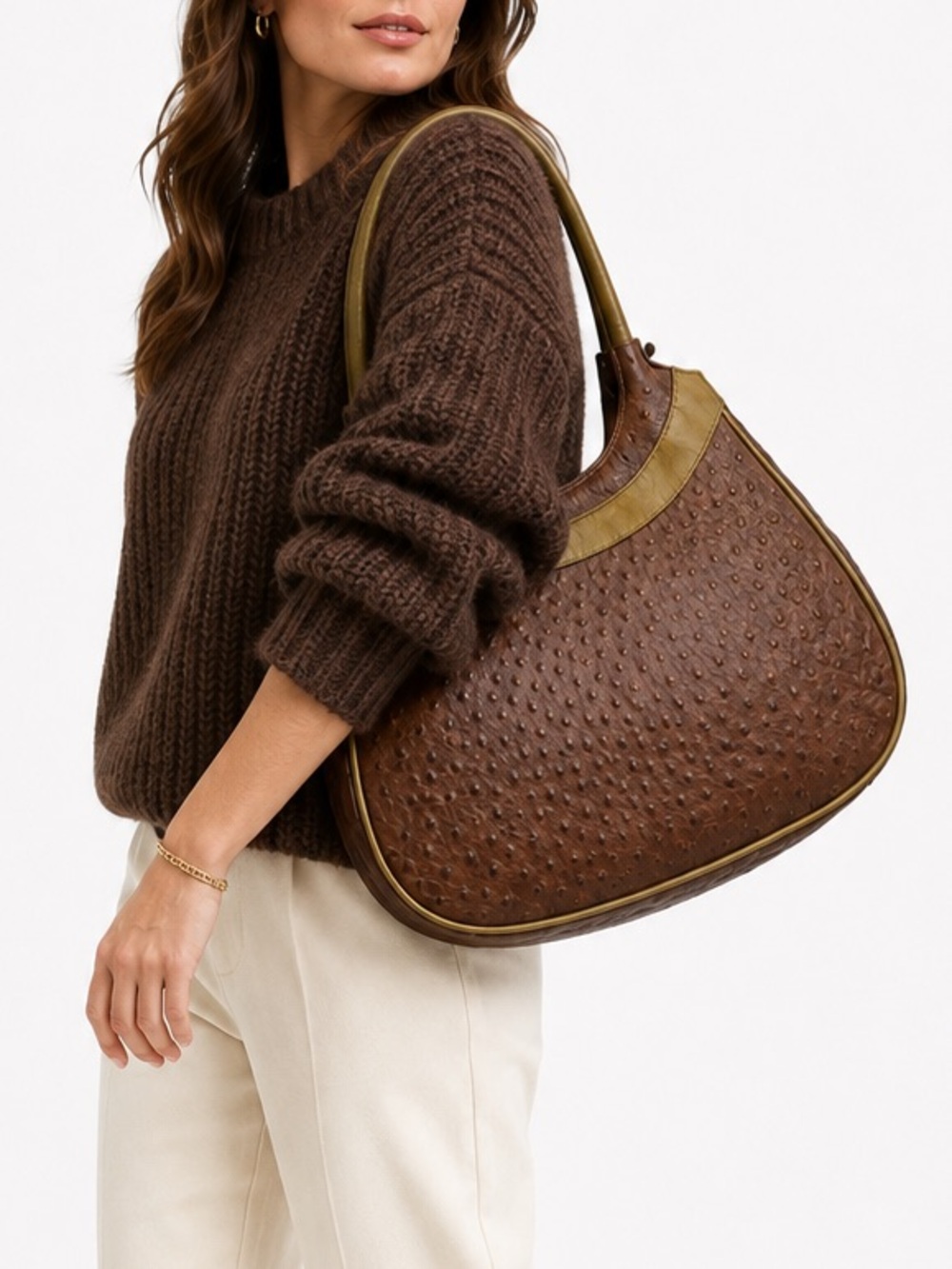 Vintage VEARI Genuine Ostrich Leather Handbag Brown Tan Shoulder Bag